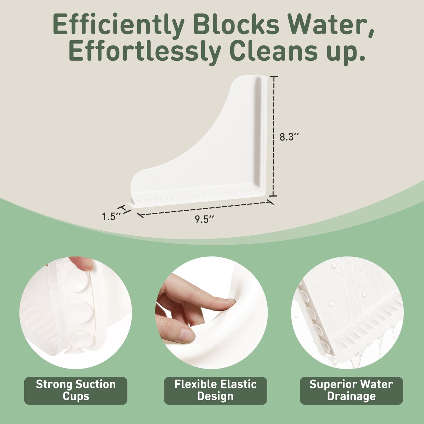 Roslim Shower Corner Splash Guard, 2 Pack No-Adhesive Silicone Bathtub Splash Guards with Suction Cups, Reusable Water Blocker for Tub & Walk-in Shower Corners, Keeps Floor Drier, White