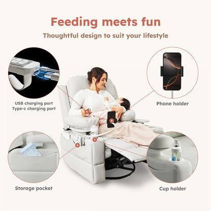 MAMAZING Lullapod Power Nursery Recliner Rocking Chair, Triple Motor Power Recliner with HugAssist Armrest, 270° Swivel Glider and Quiet Rocking Chair Nursery with Dual Charging Port and Storage
