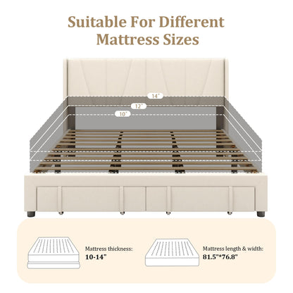 viplov King Bed Frame with Storage Drawers, Velvet Upholstered Platform Bed with 47" Tall Headboard and Wingboard, No Box Spring Needed, No Noise, Easy Assembly, Wooden Support Slats, Beige