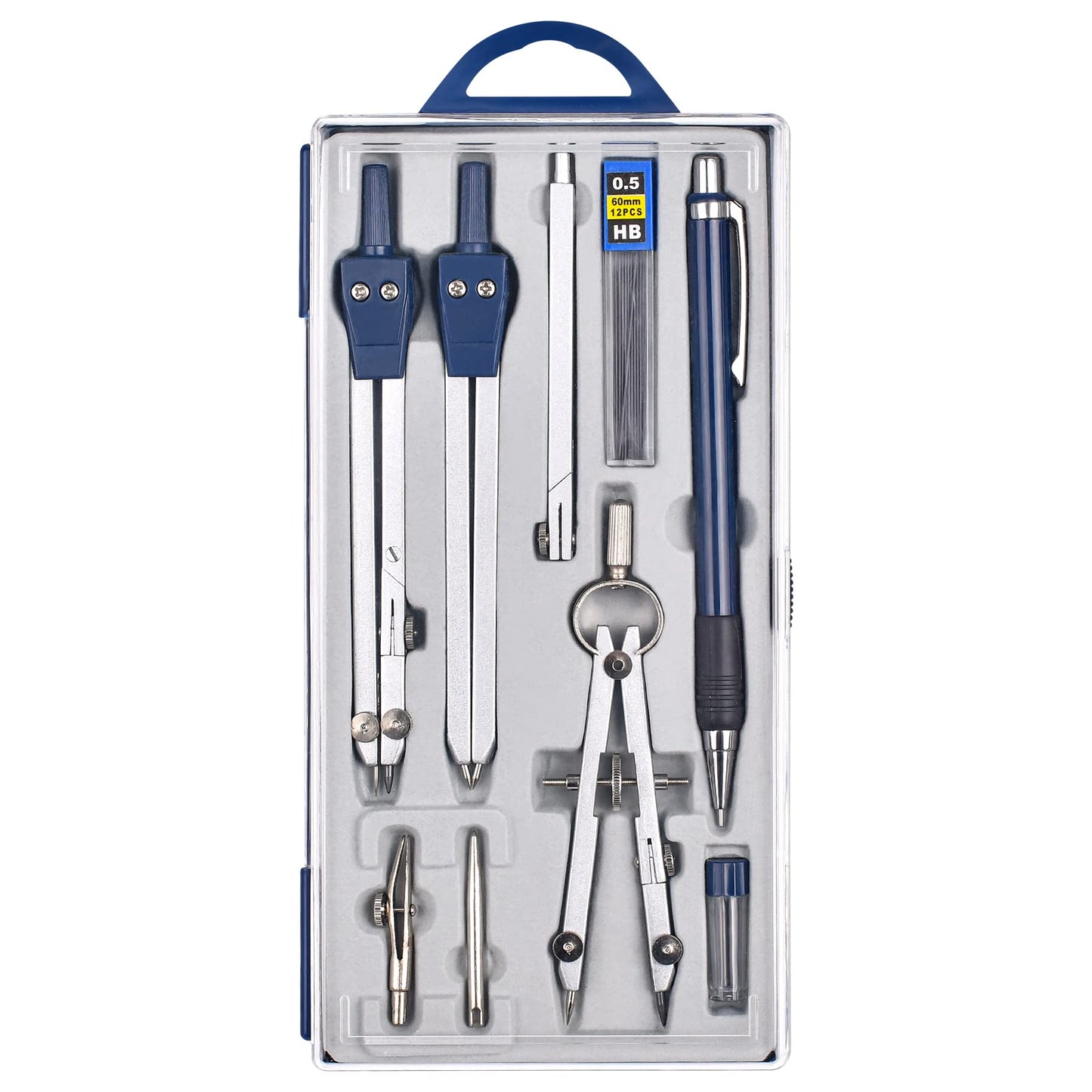 Unjoo 9Pcs Precision Geometry Set Metal Compass, Geometry Tool Tool Set with Shatterproof Storage Box, Circle Drafting Tool and Architecture, Drafting Kits for Engineers Students(Blue)