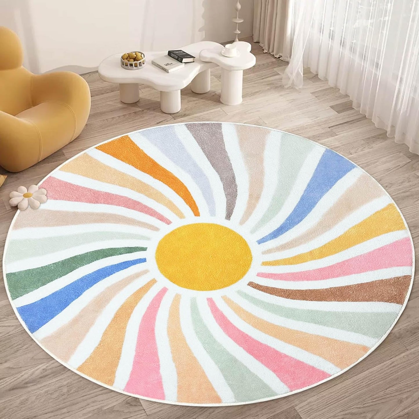 SKGULE 5 Boho Kids Round Rug Colorful Sun Bohemia Round Kid Area Rug for Playroom Non-Slip Washable Play Mat Soft