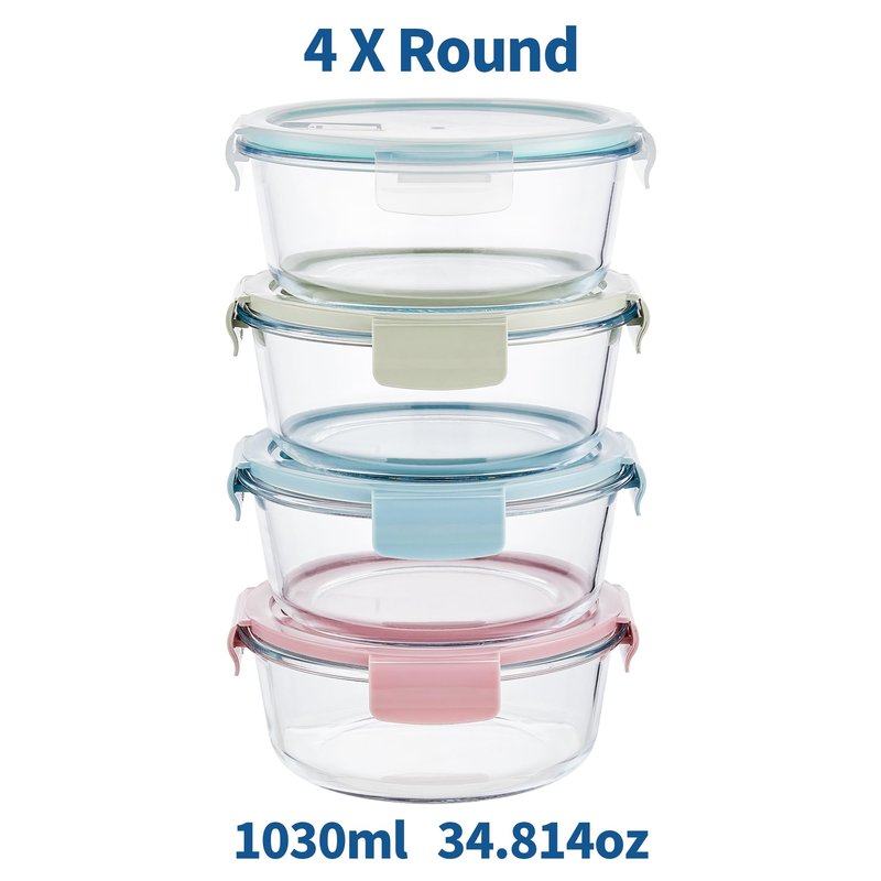 Wancilock 8 Pcs Round Glass Containers with Lids Airtight 4 Cup Glass Storage Containers Set Meal Prep Containers for Soup Leftover Microwave, Dishwasher, and Freezer Safe(4 Sets
