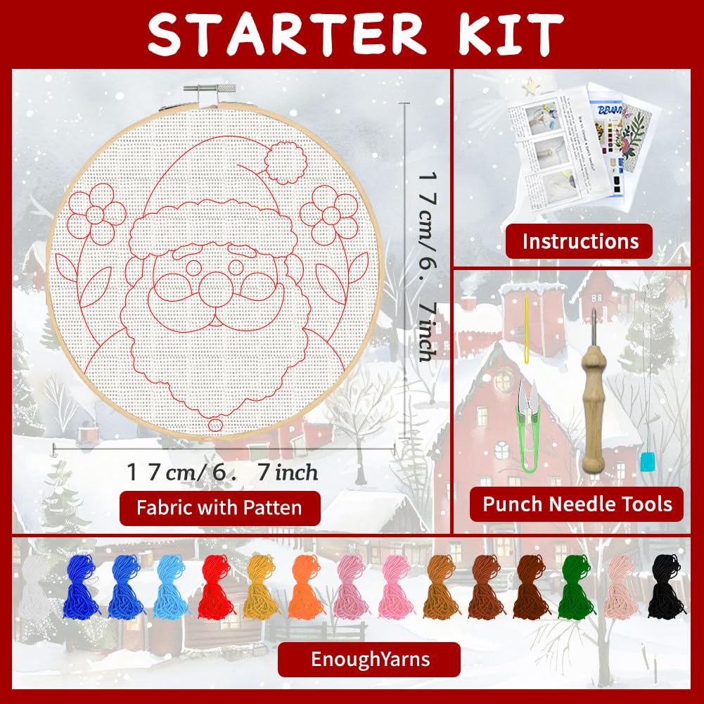 ACRNIGHEET 6Pcs Christmas Punch Needle Kits for Adults Beginners, 6.7" Diameter Punch Needle Embroidery Kit Include Instructions Pre-Printed Pattern Embroidery Hoop Yarns Needles DIY Crafts Gifts Idea