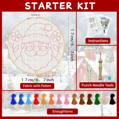 ACRNIGHEET 6Pcs Christmas Punch Needle Kits for Adults Beginners, 6.7" Diameter Punch Needle Embroidery Kit Include Instructions Pre-Printed Pattern Embroidery Hoop Yarns Needles DIY Crafts Gifts Idea