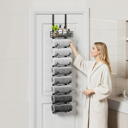 SWTYMIKI Hanging Towel Racks for Bathroom - 9 Tier Over The Door & Wall Mounted Bath Rolled Towel Storage Organizer Holder for Small Bathroom, RV, Camper, Black (Patented)