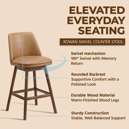 ROME + OAK Rowan 26 Inch Swivel Counter Height Stool in Walnut Finish with Brown Vegan Leather Upholstery Seat - Kitchen or Dining Room Furniture