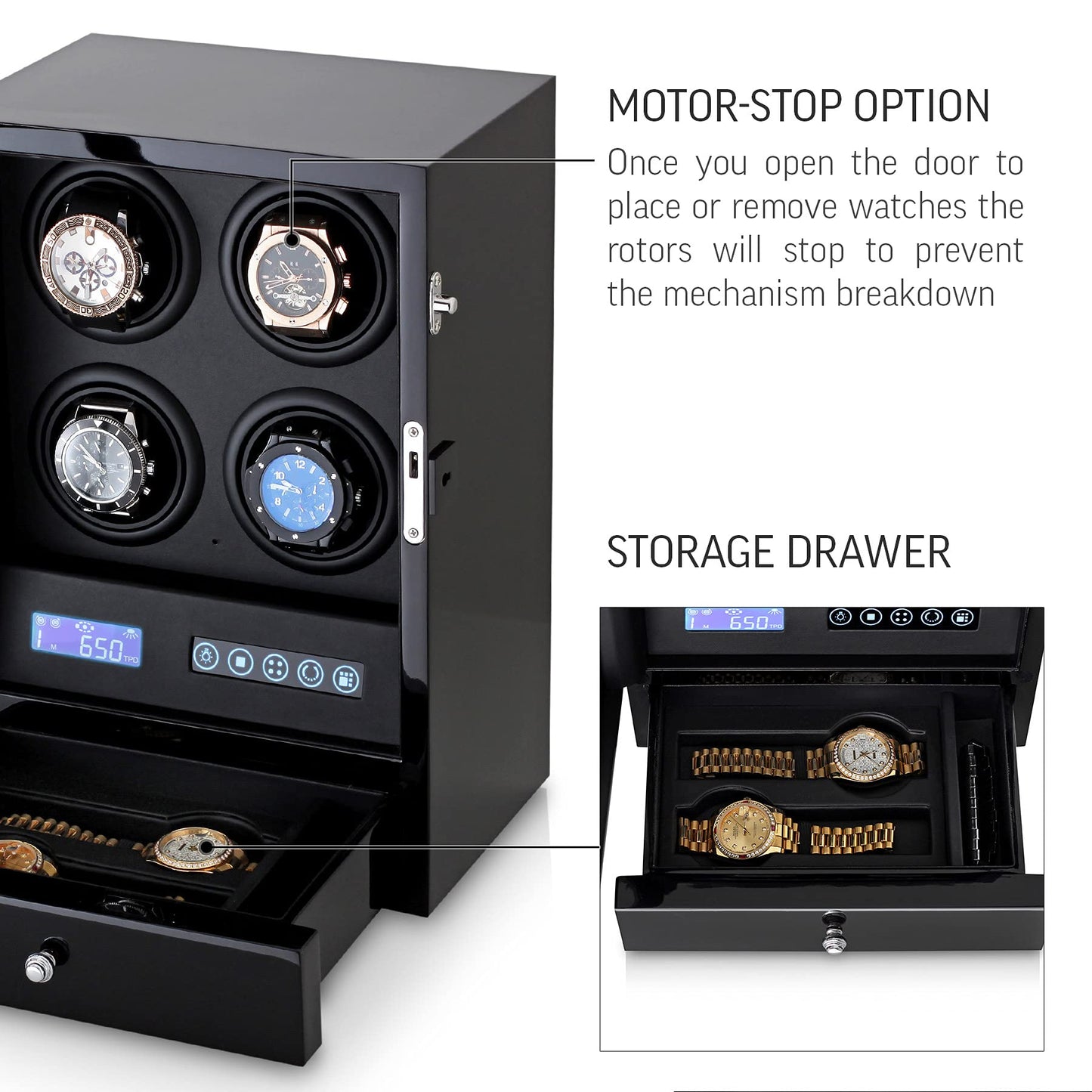 Automatic Watch Winder with LED Light, Storage Drawer and LCD Touchscreen Control (Black + Black)
