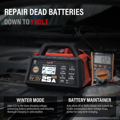 TowerTop 25A Pro+ Battery Charger, 6V/12V Car Battery Charger Fully Automatic Smart Battery Maintainer with Engine Start, Auto Desulfator, Battery Repair, for All Lead-Acid, AGM and LiFePO4 Batteries
