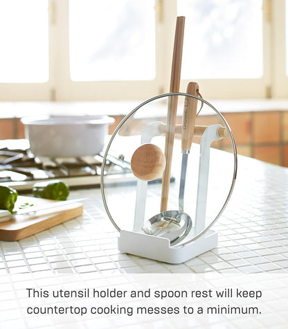 Yamazaki Home Ladle & Lid Rest - Kitchen Utensil Organizer Stand for Cooking, Steel + Wood, White