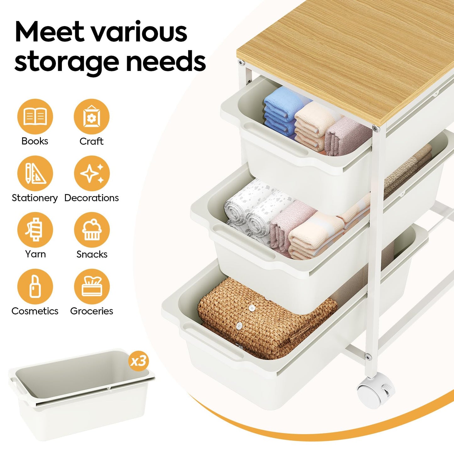 Rolling Storage Cart with 3 Drawers, Craft Organizer, Wooden Tabletop Utility Cart for Bedroom, Children's Room and Office Organization, Under Desk Trolley with Lockable Wheels,White