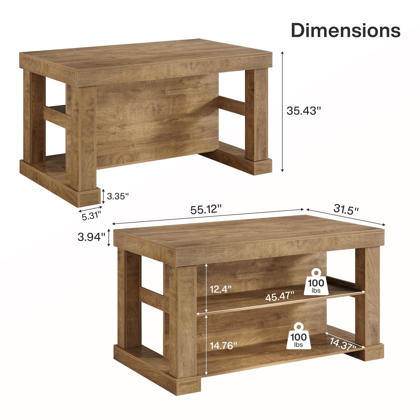 Tribesigns 55" Kitchen Island with Seating and Storage, 3-Tier Farmhouse Wood Stationary Island Table with Large Worktop & Leg Room, Coffee Bar Table with Storage Shelves for Kitchen, Natural Brown