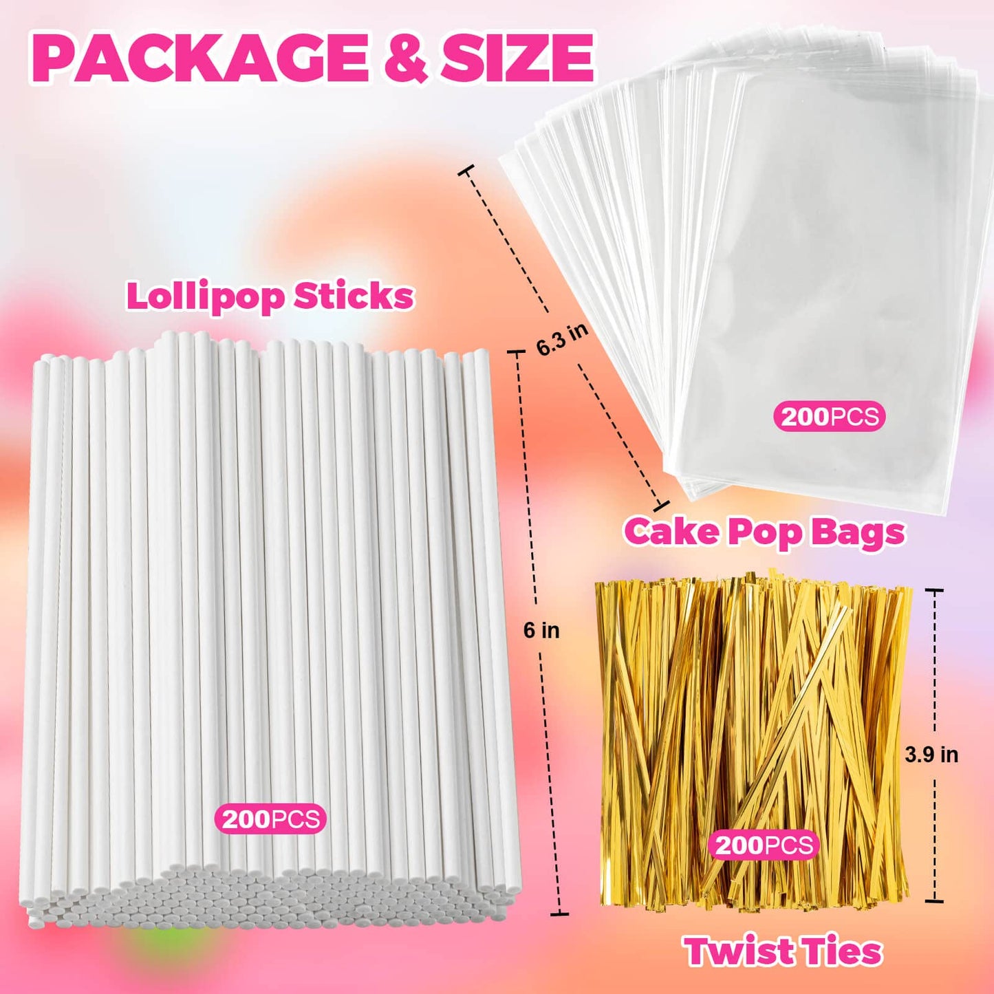 600Pcs Lollipop Stick, 6IN Cake Pop Sticks with Clear Treat Bags & Gold Twist Ties, Cake Pops Making Tools for Lollipops, Candies, Chocolates Cookies