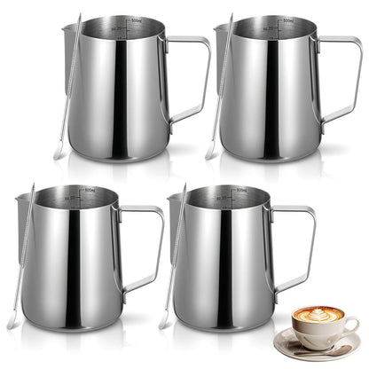 4 Pcs 20oz Milk Frothing Pitcher with 4pcs Latte Art Pen, 304 Stainless Steel Steaming Pitchers with Sharp Spout, Milk Frother Cup for Barista Coffee Bar Espresso, Latte Art (600ml)