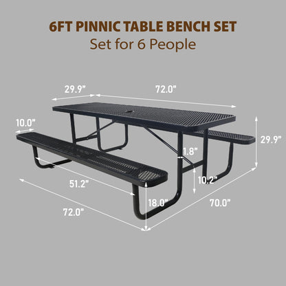 Sunnibety 6FT Metal Picnic Tables for Outdoors, Commercial Rectangular Picnic Table and Bench Set for Outside, Patio, Garden, Backyard, Porch, Surface Mount, Black