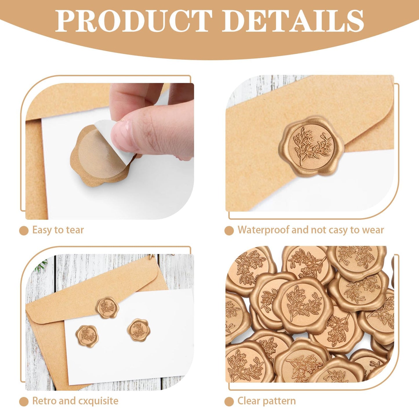 Yitexin 60 Pieces Eucalyptus Wax Seals Stickers, Rosemary Branches Self Adhesive Envelope Seal Stickers for Wedding Invitation Christmas Cards Birthday Party Gift Wrapping (Vintage Gold)