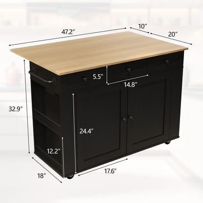 GarveeHome Rolling Kitchen Island with Drop Leaf Countertop, Charging Station & Ample Storage - 47.2 in Mobile Kitchen Cart On Wheels with Pull-Out Shelves, Drawers, Spice Rack & Organizer Divider