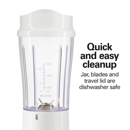Hamilton Beach Portable Blender for Shakes and Smoothies, 14 Oz BPA Free Travel Cup & Lid, Durable Stainless Steel Blades, Personal Smoothie Blender, White ( 51101V)