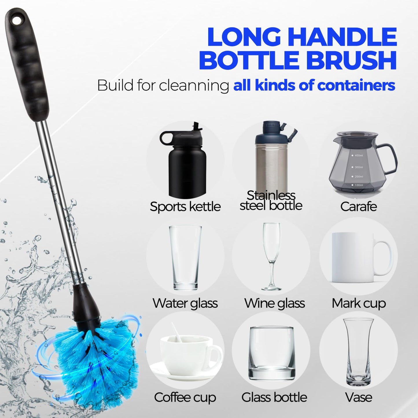 Holikme 6 Pack Brush Set, 14" Long Handle Stainless Steel Cleaner, 3 Straw Brushes, 4-in-1 Cleaning Brush for Water and Baby Bottles Straws, Aqua