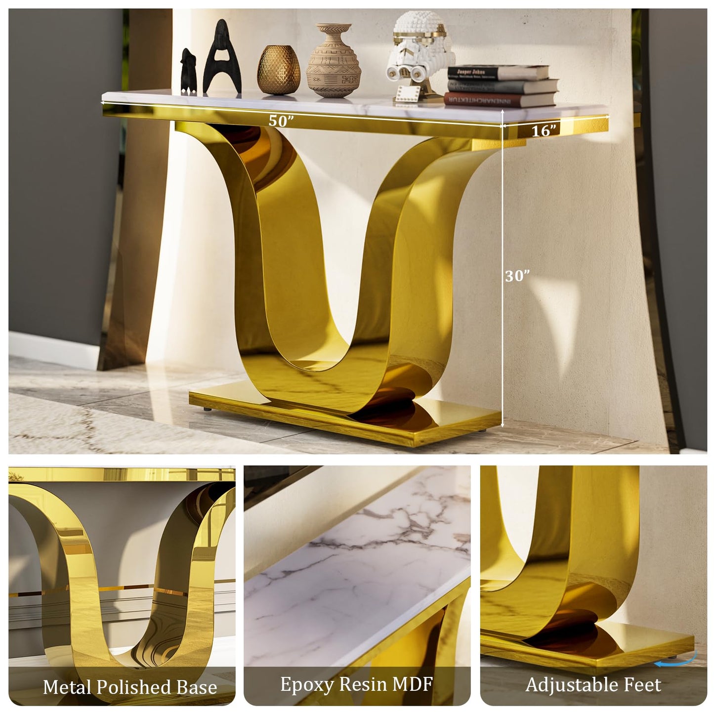 Anewsun Gold Console Table, White and Gold Living Room Sofa Table, 50" Rectangle Console Table for Entryway, Living Room, Office, Foyer, Front Hall, Hallway