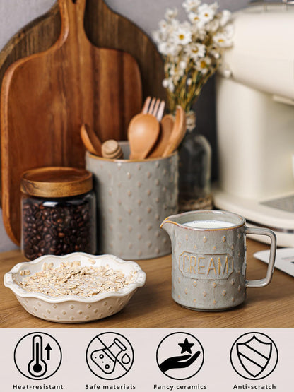 QUXIJA 9 OZ Creamer Pitcher, Ceramic Creamer with Handle, Small Milk Pitcher Cup for Coffee, Sauces, Salad, Microwave & Dishwasher Safe (Vintage Grey)