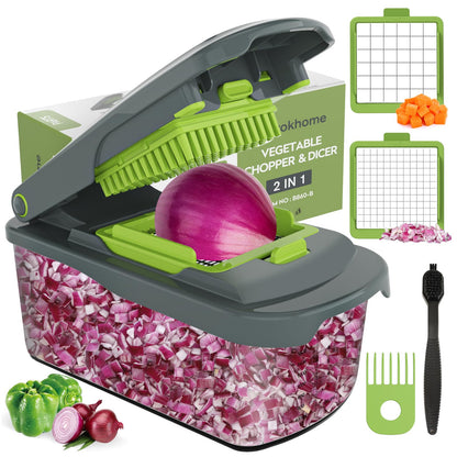 Ourokhome Vegetable Chopper Cutter with Container, Manual Hand Food Veggie Dicer with 2 Chopping Blades for Potato Strips, Onion Cubers, Carrot Sticks, Essential Kitchen Gadgets (2 in 1, Gray)
