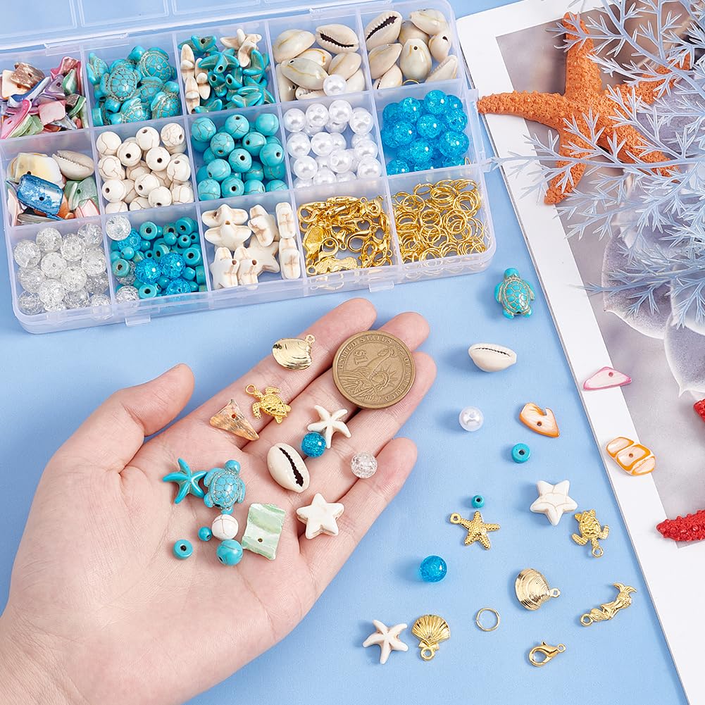 PandaHall 357pcs Starfish Shell Beads Ocean Jewelry Making Kit - 20g Synthetic Turquoise Seashells, Turtle & Mermaid Charms, Cowrie Shell Beads for Summer Beach Necklace, Bracelet & Anklet