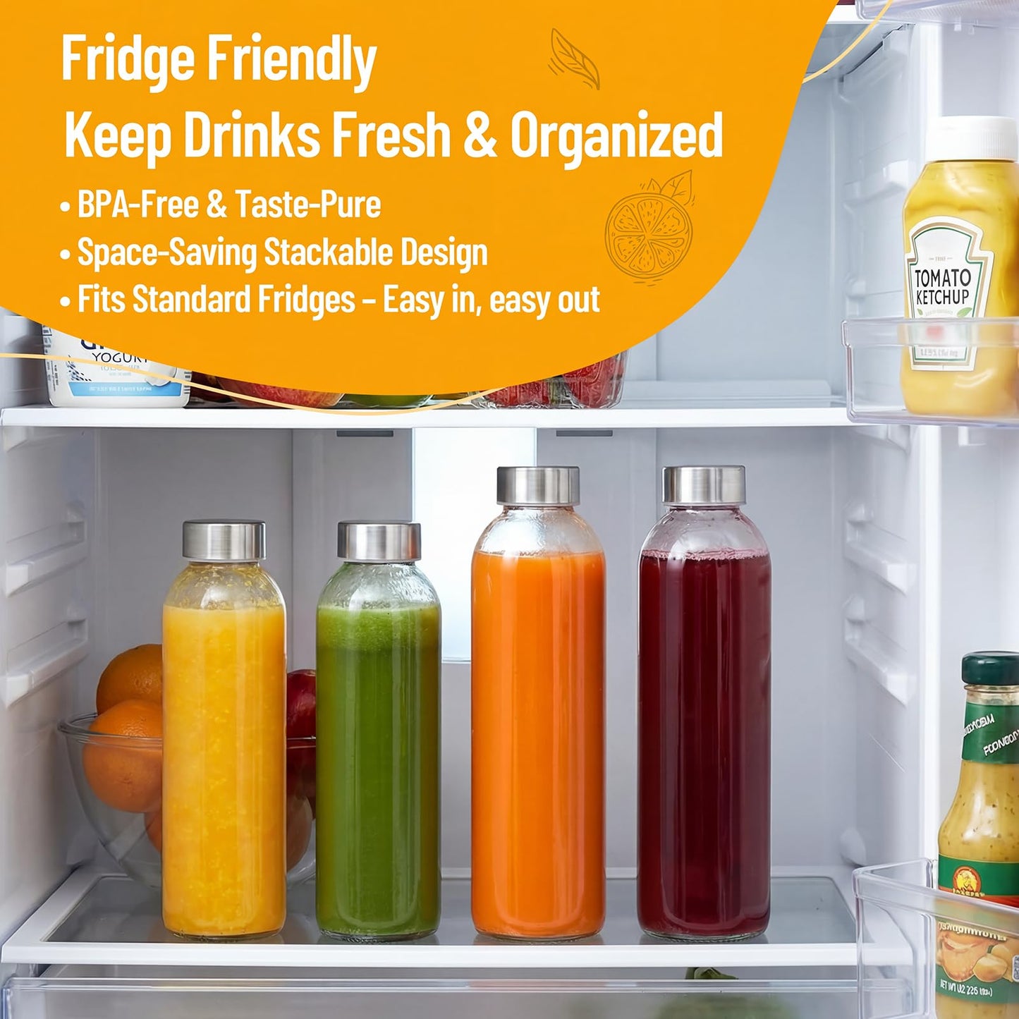 Luxfuel Clear Glass Bottles with Lids 18 oz, Reusable Glass Water Bottles with Stainless Steel Cap for Refrigerator, Juicing, 100% Leak Proof, BPA Free, Juice Bottle Drinking Jar Containers Set of 6