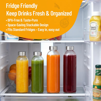 Luxfuel Clear Glass Bottles with Lids 18 oz, Reusable Glass Water Bottles with Stainless Steel Cap for Refrigerator, Juicing, 100% Leak Proof, BPA Free, Juice Bottle Drinking Jar Containers Set of 6