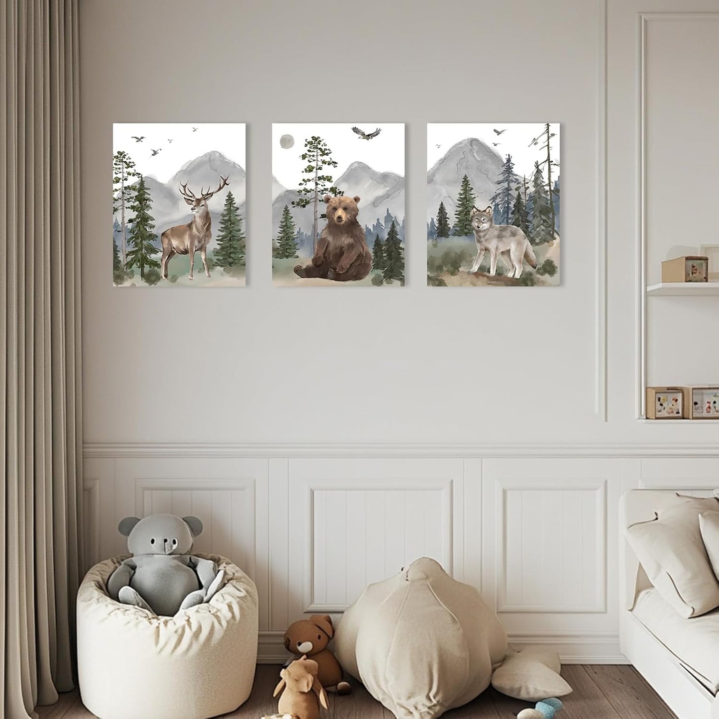 16"x24" Set 3, Woodland Animal Nursery Wall Art: Forest Wildlife Prints Canvas Posters of Wolf Bear Elk Pictures