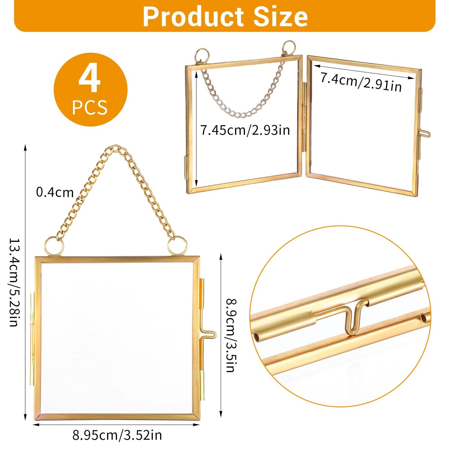 HOFURME 4 Pcs Mini Brass Wall Hanging Photo Frame, Square Glass Hanging Picture Artwork Display Frame, Double Glass Floating Frame Style Gallery Wall Frame for Picture, Pressed Flower (3.5x3.5 inch)