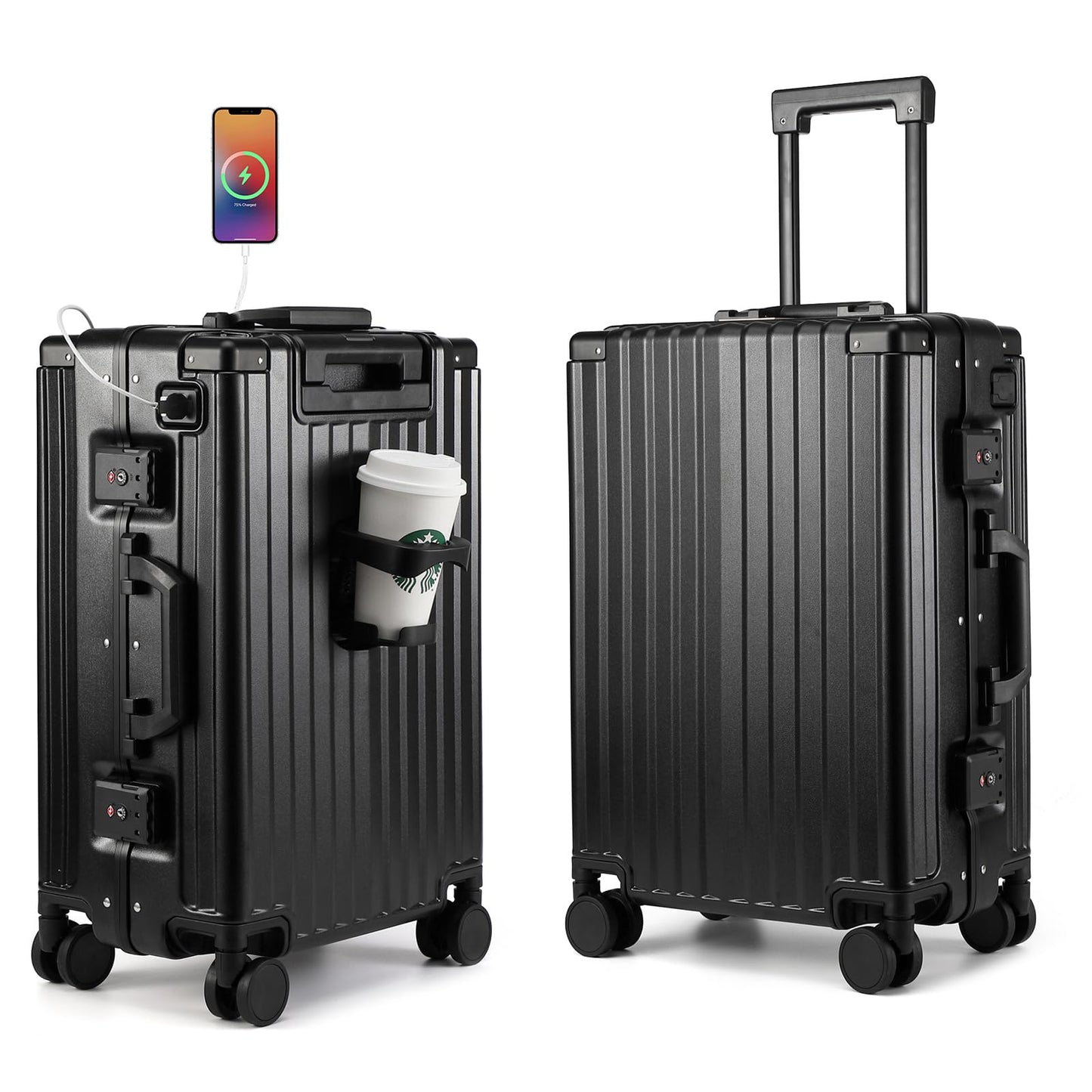 MYER Hard Case 26 Inch Checked Luggage with Spinner Wheels,Aluminum Luggage with 100% 3-Layer PC,Hard Shell Suitcases with Wheels,Cup Holder and USB Port
