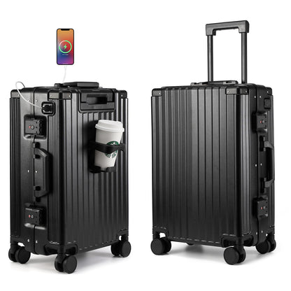 MYER Hard Case 26 Inch Checked Luggage with Spinner Wheels,Aluminum Luggage with 100% 3-Layer PC,Hard Shell Suitcases with Wheels,Cup Holder and USB Port