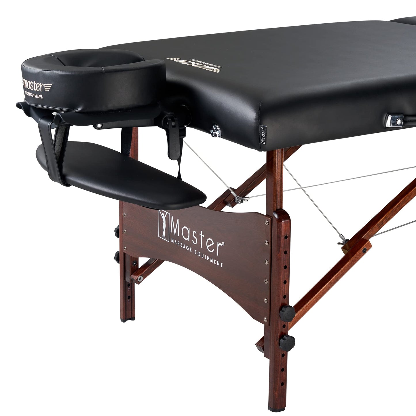 Master Massage Newport Portable Massage Table Package with Denser 2.5" Cushion, Walnut Stained Hardwood, Steel Support Cables, Pillows & Accessories, Black, 30"