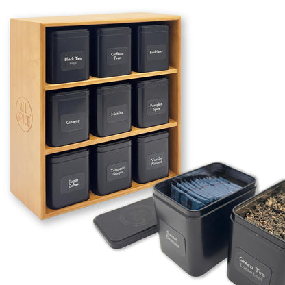 AllSpice Tea Organizer Rack with 9 Tins & 160 Magnetic Labels – Perfect for Bagged & Loose Leaf Tea Organization - Bamboo