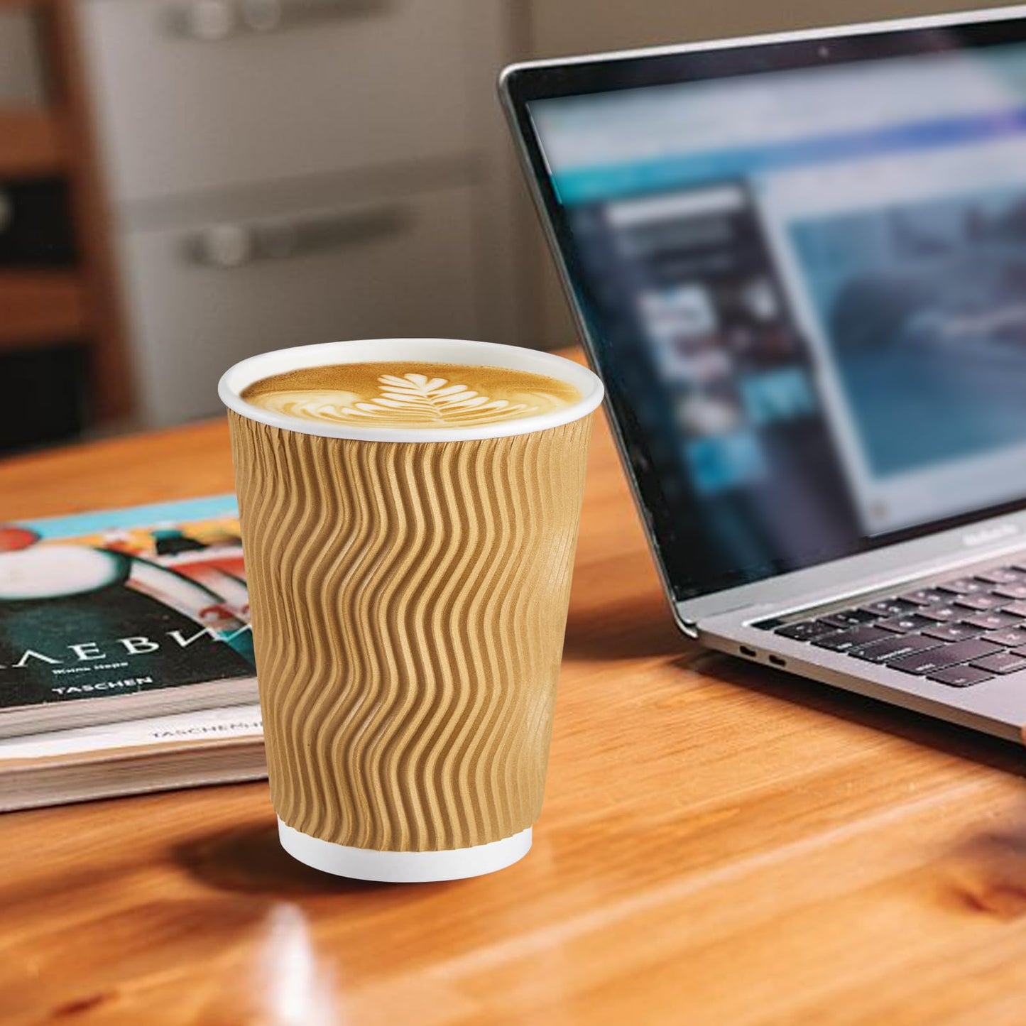 SIUQ Coffee Cups 12 oz 150 Pack, Insulated Ripple Wall Paper Coffee Cups 12 oz, Disposable Coffee Cups, Hot Beverage/Cold Drinking Cups for Office,Home,Party,Cafe,Picnic,Travel (Champagne)