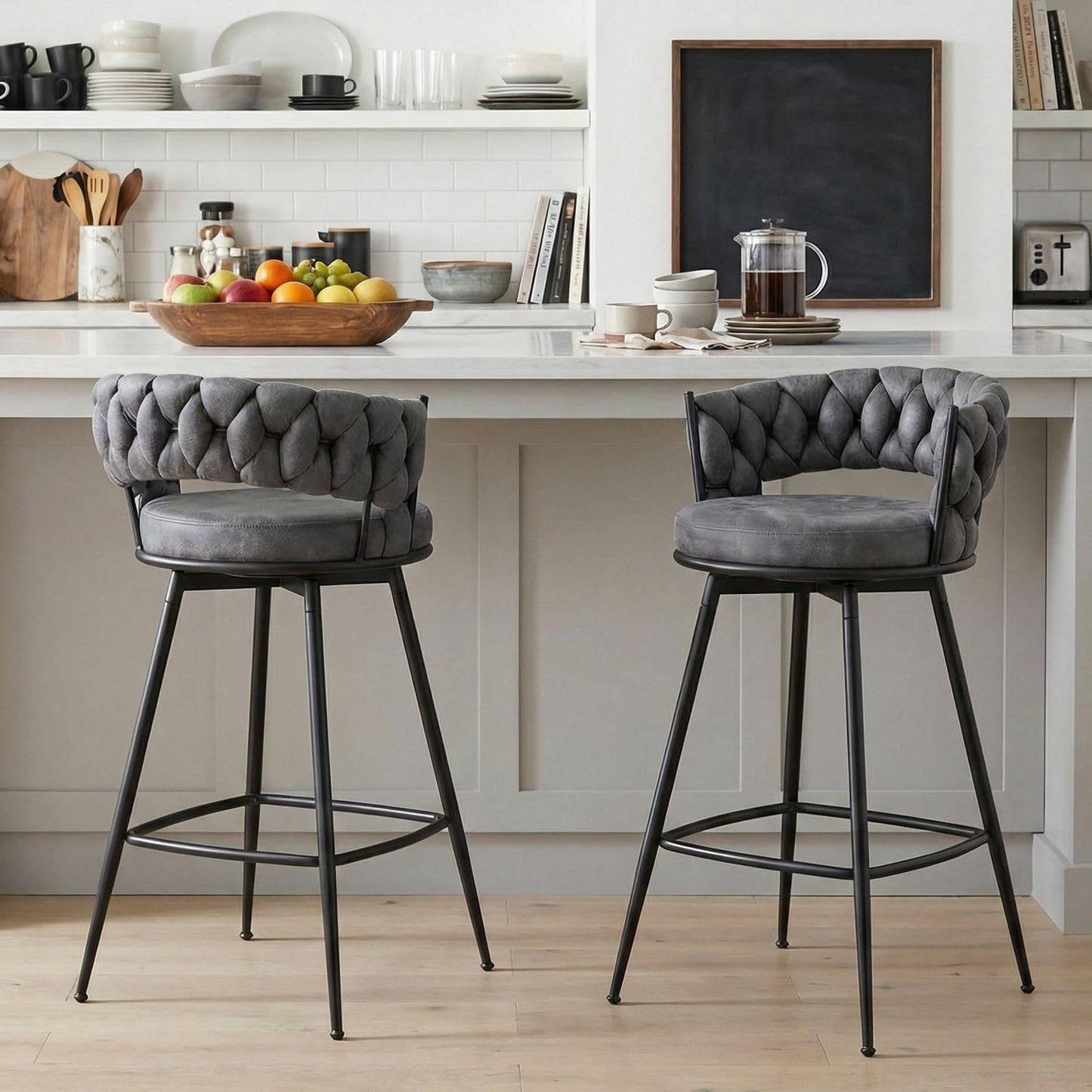 YOUNIKE Bar Stools Set of 2, 28.7 inch Seat Height Bar Chairs, 360° Swivel Counter Height Barstools with Woven Back and Armrest, Upholstered Suede Fabric Counter Stools for Kitchen Island, Pub, Grey