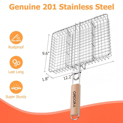 ORDORA Grill Basket, Fish Griling Rack, Rustproof Stainless Steel BBQ Grilling Basket for Meat,Steak etc, Grill Accessories,Grilling Gifts for Men Dad