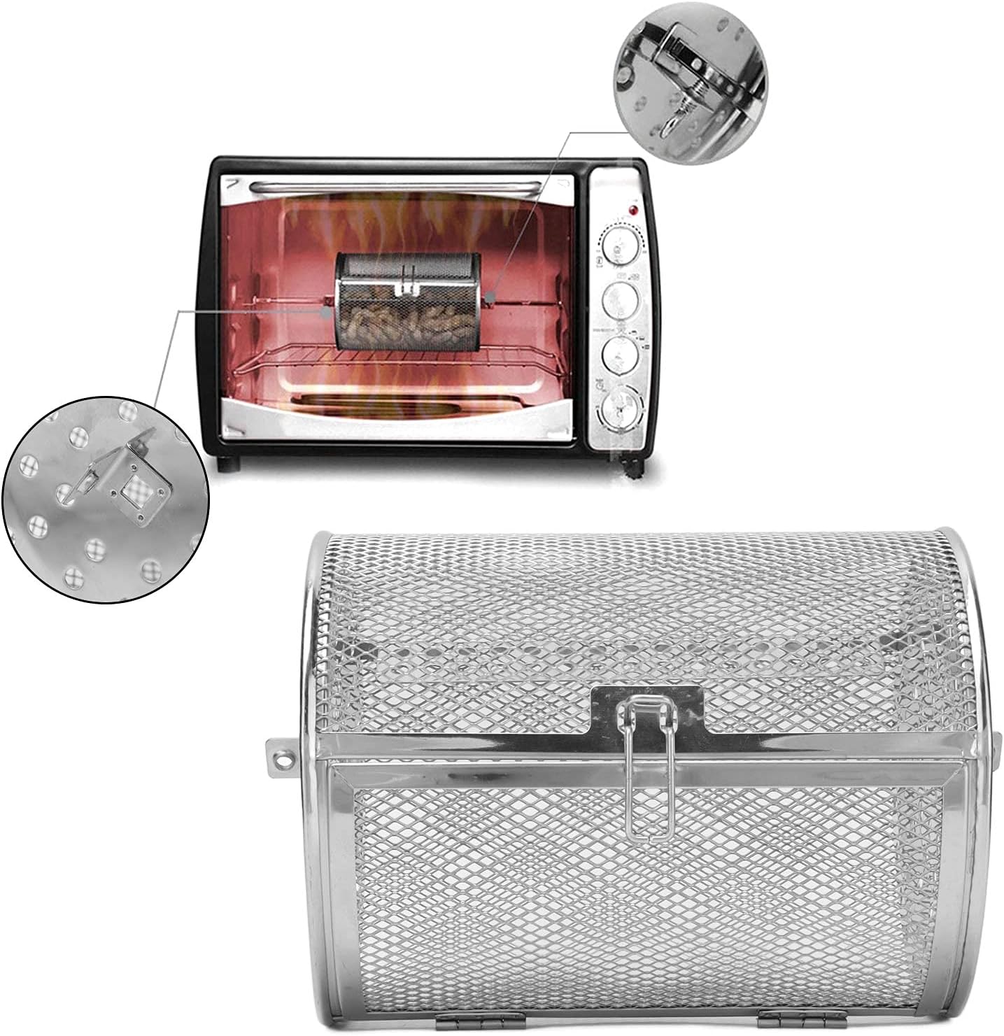 Stainless Steel Rotisserie Basket, 360 Degree Rotatable Oven Cage for Baking Nuts BBQ Roaster Tool