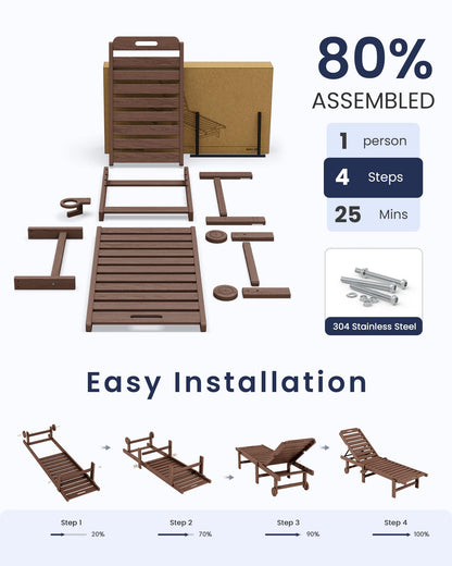 KINGYES Outdoor Armless Chaise Lounge Set of 2, HDPE Pool Lounge Chairs with Cup Holder & Wheels, Patio Lounger Chairs for Poolside, Brown
