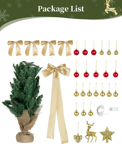 BLOSMON Small Christmas Tree with Lights: 2ft Mini Table Top Christmas Tree with 25 LEDs Timer Gold Ribbon Bow Reindeer for DIY- Lighted Artificial Xmas Trees for Home Office Desk