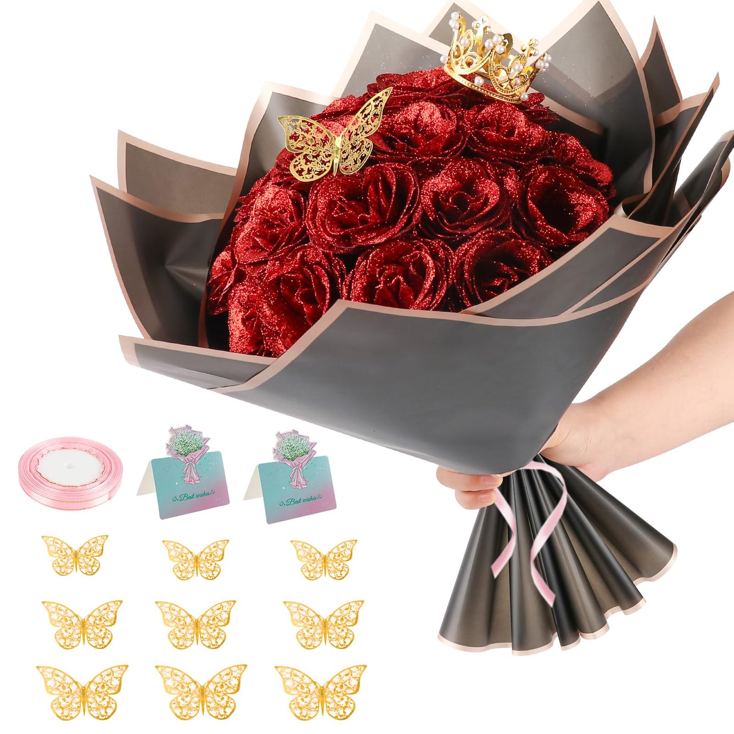 Complete Floral DIY Kit 24 Pcs Glitter Roses Bouquet Making Set with 12 Butterflies, Wrapping Paper, Cards, Ribbon & Crown Eternal Handmade Gift for Birthday, Anniversary, Mother's Day, Wedding (Red)