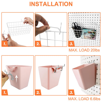 Pegboard Basket Organizers, Peg Board Large Baskets Hooks Bins Cups Tool Organizer 6 Pack Set, Wall Storage Display Hanging Accessories for Craft Office Stadio Shed Garage Organization (White & Pink)