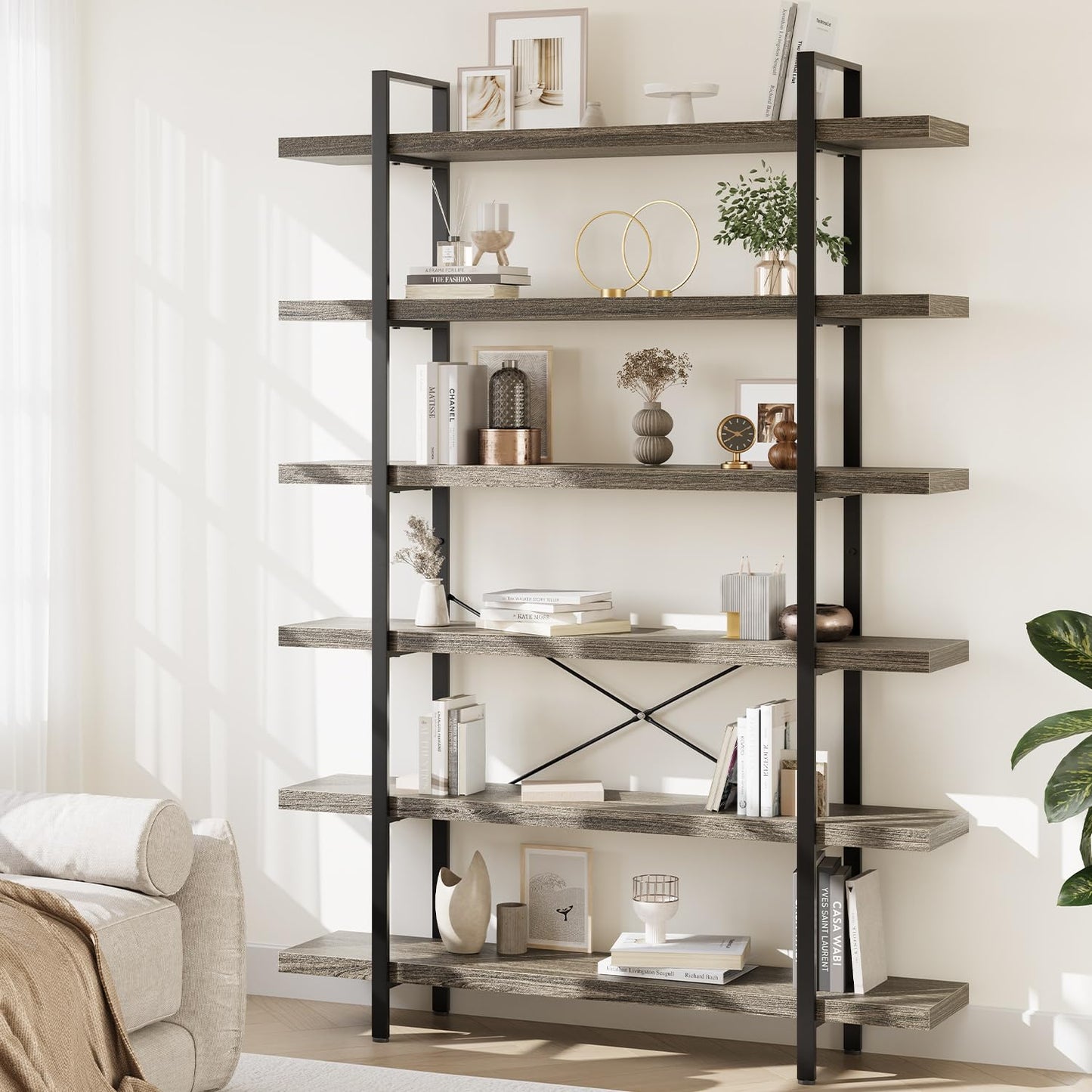 6 Tier Book Shelf, 47'' Wide Wood Industrial Bookshelf, 120lbs Shelf Capacity, Open Storage Shelves, 80'' Tall Heavy Duty Display Shelving, Rustic Grey Bookcase for Bedroom,Living Room,Office - 2Pcs