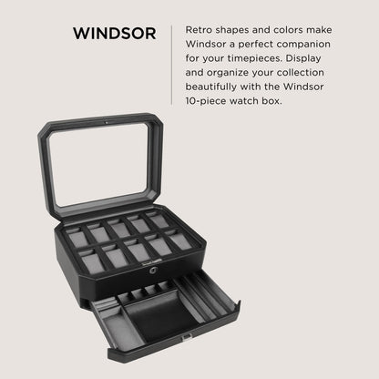 WOLF Windsor 10-Piece Watch Box with Drawer, Black - Features 10 Watch Compartments, Eight Ring Rolls & 17 Jewelry Compartments - Vegan Leather Exterior