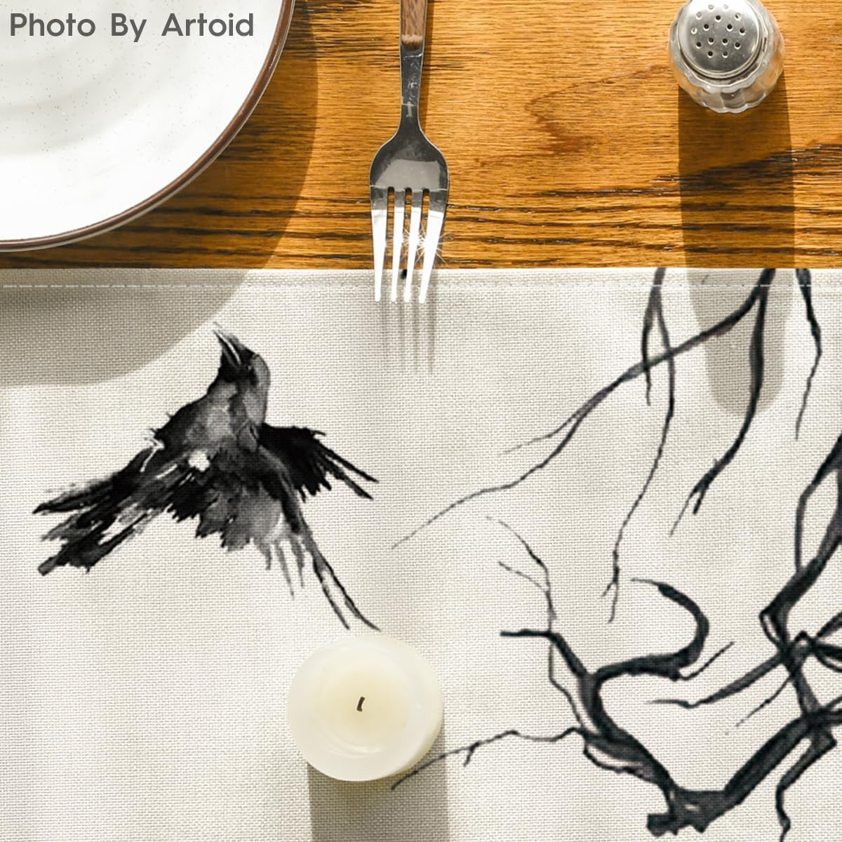13x60 Inch Artoid Mode Silhouette Tree Crows Branches Halloween Table Runner, Seasonal Fall Kitchen Dining Table