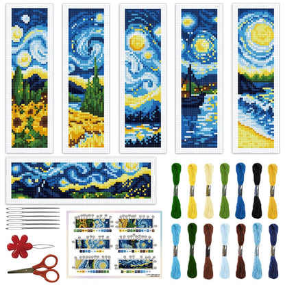 ORIGACH 6 Pcs Cross Stitch Bookmark Kit for Beginner Adults, Swirling Night Sky Stamped Embroidery Bookmark Kit with Instruction for Starters Printed Cross Stitch DIY Kits for Book Lovers