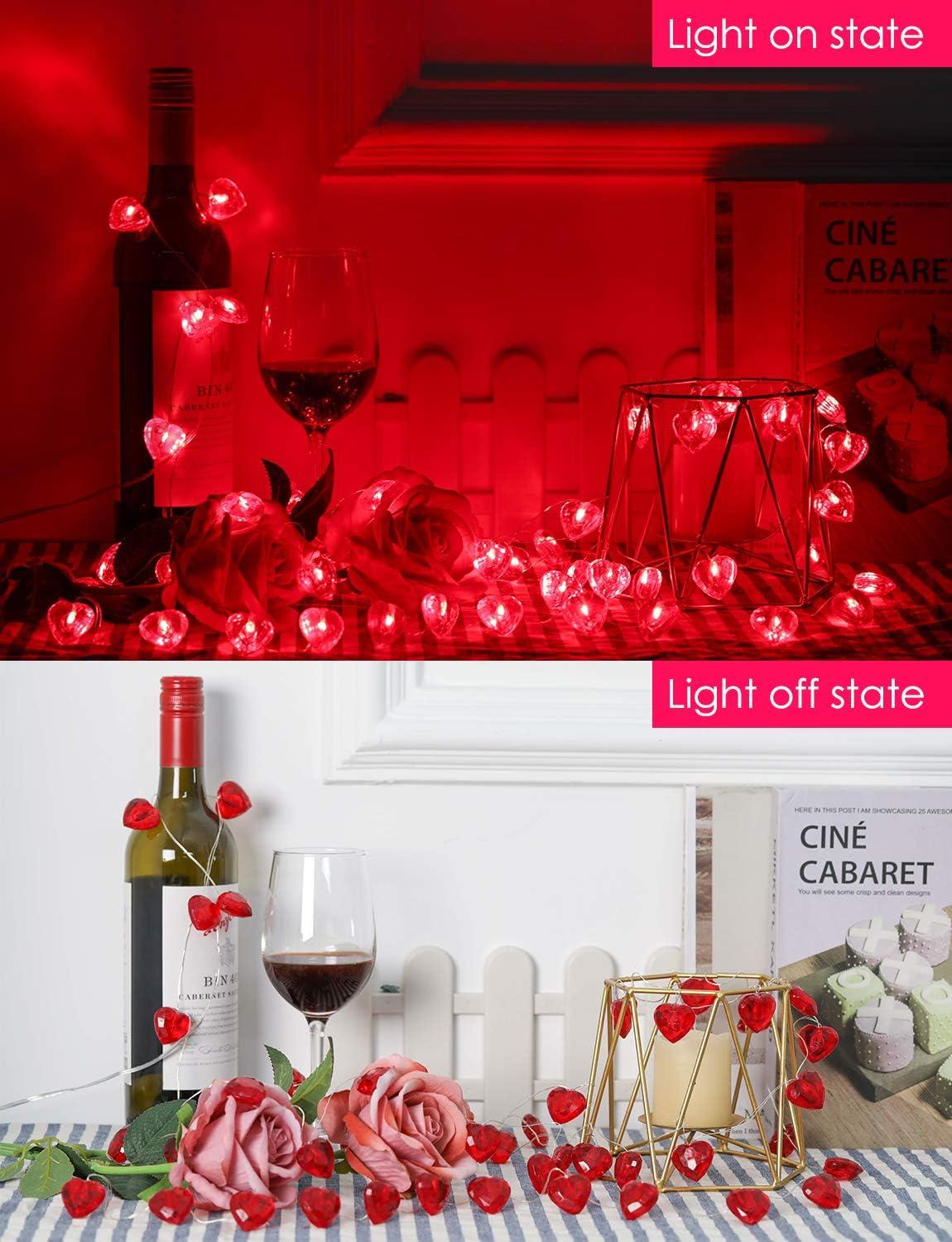 Luditek 50 LED Diamond Cut Red Heart Twinkle Fairy String Lights, 8 Lighting Modes with Timer for Valentines Weddings