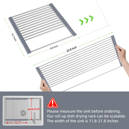 BBXTYLY Expandable Roll Up Dish Drying Rack Up to 22.8''with 2 Storage Baskets,Over The Sink Kitchen Rolling up Dish Drainer Drying Rack, Foldable,Rollable,for Kitchen Dishes(Expandable Width Size)