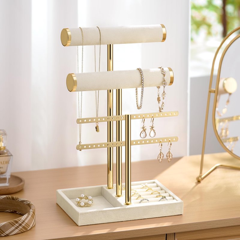 Josmimic Bracelet Holder Jewelry Organizer Display - 3 Tier T Bar Velvet Stand, Beige Jewelry Storage for Bracelet, Necklaces, Earrings, Rings, Watches