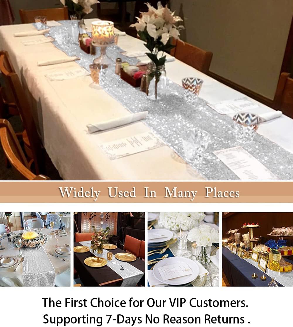 ShinyBeauty Silver Sequin Table Runner 12x108 Inch - Roll-Up Wedding Party Decor, Sparkling Holiday Tablecloth